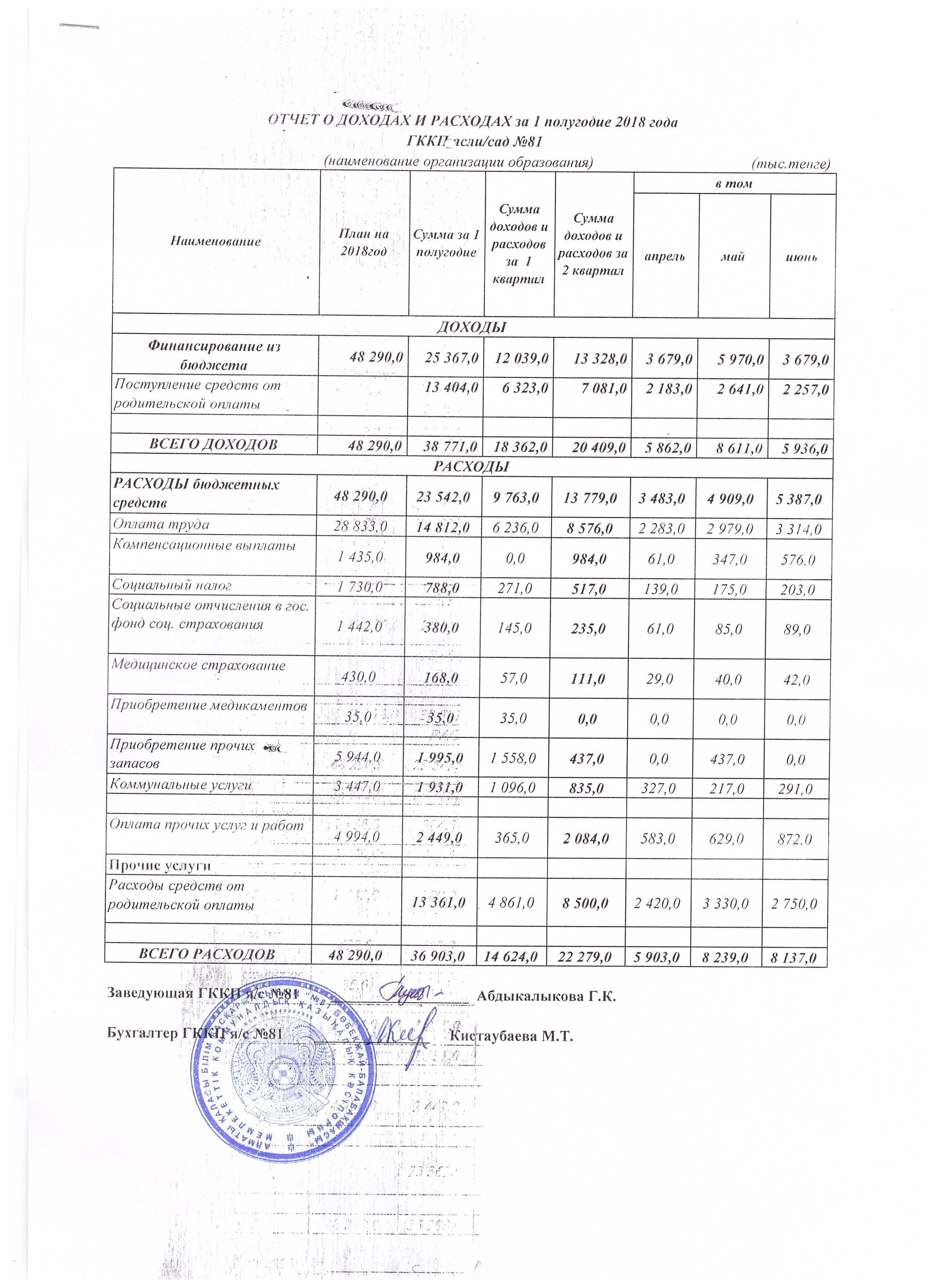 Отчеты о расходах и доходах за 1 полугодие 2018 г.