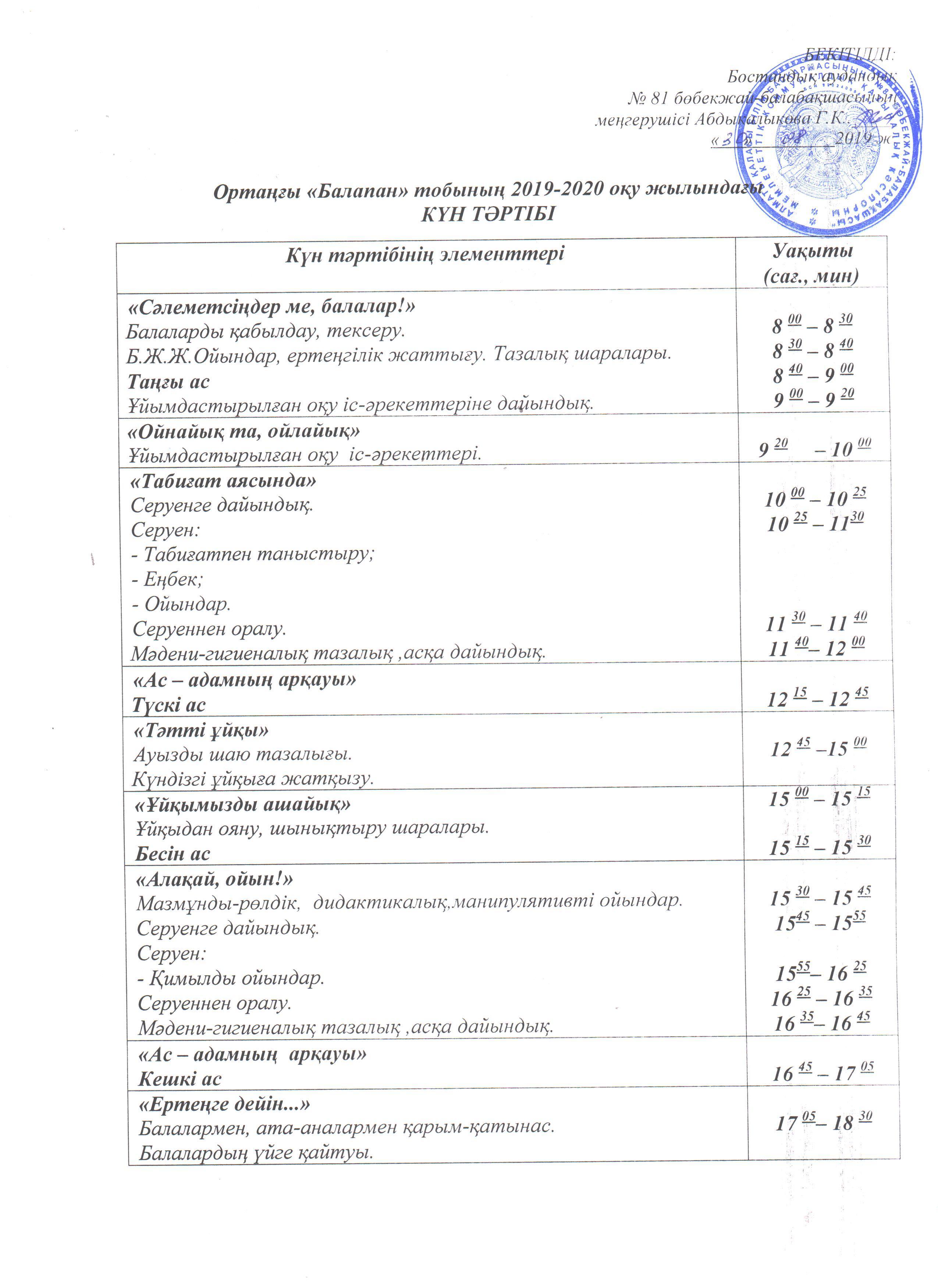 Күн тәртібі 2019-2020 оқу жылы