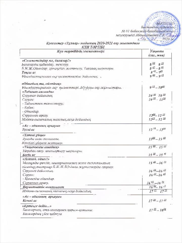 Күн тәртібі 2020-2021 оқу жылы