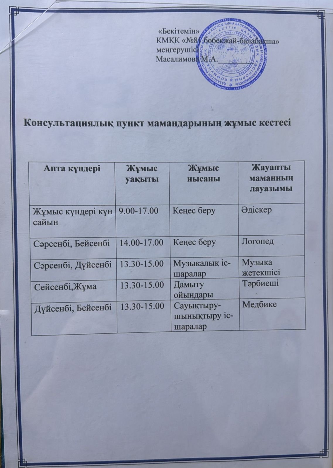 Кеңес беру пунктінің мамамдарының жұмыс кестесі